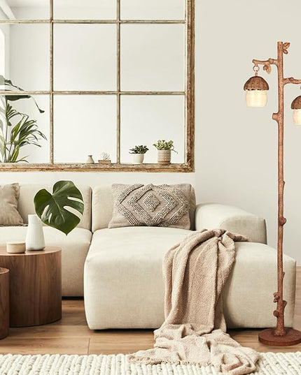 Rattan Floor Lamp with Faux Wood Finish, Boho Floor Lamps with Faux Pinecone and Leaves Decor, Brown - LeafyLoom