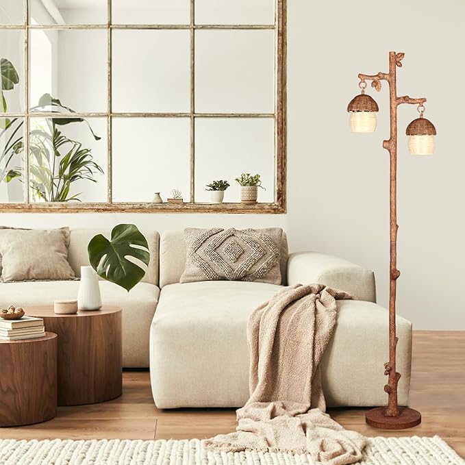 Rattan Floor Lamp with Faux Wood Finish, Boho Floor Lamps with Faux Pinecone and Leaves Decor, Brown - LeafyLoom