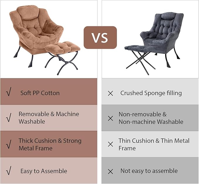 Oversized Chair with Ottoman, Removable Modern Chair with Folding Footrest, Comfortable Reading Chair for Bedroom, Study, Living Room, Courtyard (Plush Brown) - LeafyLoom