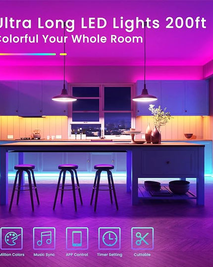 200ft Bluetooth Long LED Strip Lights, Music Sync Tape Lighting, RGB Color Changing LED Lights for Bedroom with Remote,Smart Phone APP Control, Ceiling Living Room Decor (APP+Remote+Mic/2 Roll) TJOY