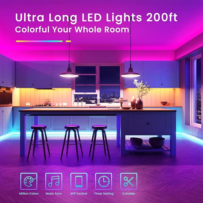 200ft Bluetooth Long LED Strip Lights, Music Sync Tape Lighting, RGB Color Changing LED Lights for Bedroom with Remote,Smart Phone APP Control, Ceiling Living Room Decor (APP+Remote+Mic/2 Roll) TJOY