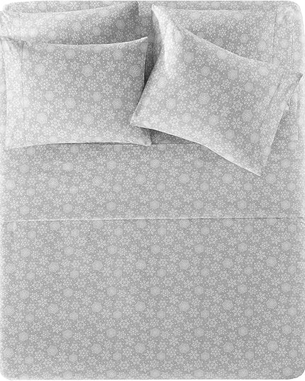 Comfort Spaces Cotton Flannel Breathable Warm Deep Pocket Sheets with Pillow Case Bedding, Cal King, Grey Snowflakes 4 Piece - LeafyLoom