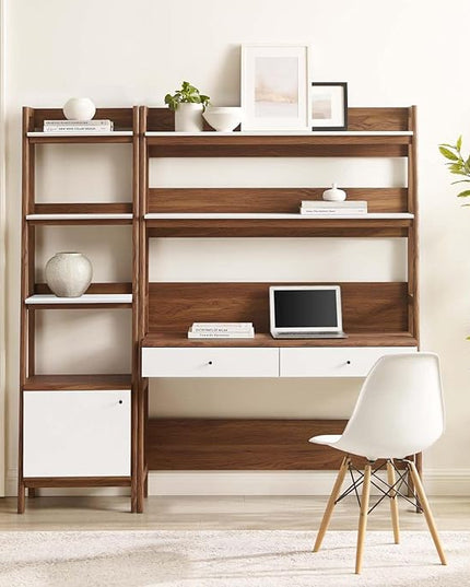 Modway Bixby 2-Piece Home Office Desk and Bookshelf Display Case in Walnut White - LeafyLoom