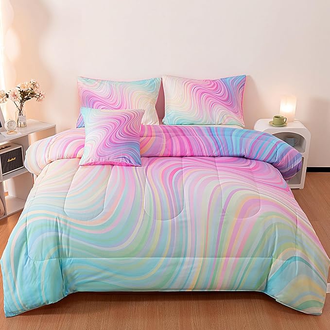4 Pcs Pink Twin Comforter Set for Girls, Tie Dye Superior Kids Teen Bedding Sets, Blue Pink Rainbow Twin Size Bedding Set for Girls - LeafyLoom