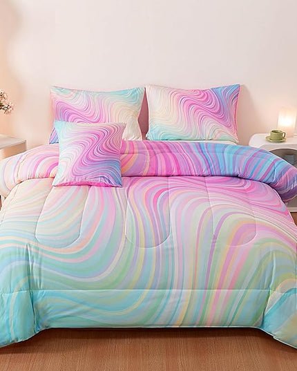 4 Pcs Pink Full Comforter Set for Girls, Tie Dye Superior Kids Teen Bedding Sets, Blue Pink Rainbow Full Size Bedding Set for Girls - LeafyLoom