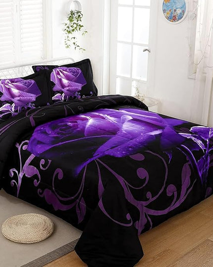 WONGS BEDDING Purple Comforter Set Queen Reversible Purple Rose Pattern Bedding Comforter with 2 Pillowcases for All Seasons, Soft Microfiber Filling Bedding Set 90"x90" - LeafyLoom