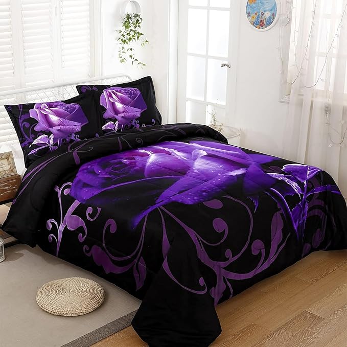 WONGS BEDDING Purple Comforter Set Queen Reversible Purple Rose Pattern Bedding Comforter with 2 Pillowcases for All Seasons, Soft Microfiber Filling Bedding Set 90"x90" - LeafyLoom