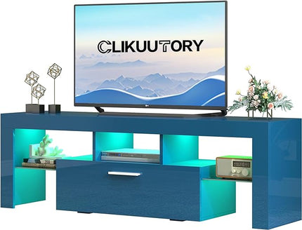 Clikuutory Blue LED TV Stand with Large Storage Drawer for 32 40 50 55 Inch TVs, Modern High gloss TV Console Table with Entertainment Center for Living Room, Bedroom, Blue - LeafyLoom