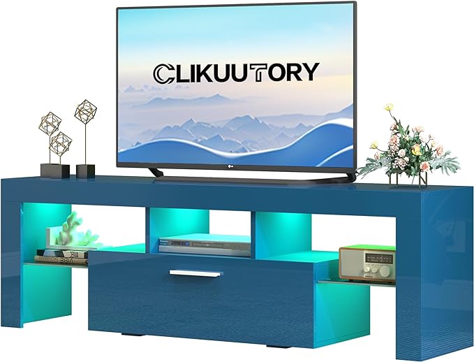 Clikuutory Blue LED TV Stand with Large Storage Drawer for 32 40 50 55 Inch TVs, Modern High gloss TV Console Table with Entertainment Center for Living Room, Bedroom, Blue - LeafyLoom