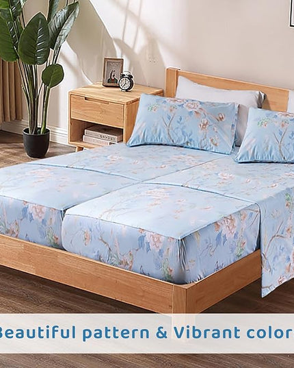 QSH 100% Cotton Floral Sheets for Split King Size Bed, Blue Flowers Plant Pattern Botanical Luxury Cotton Printed Floral Bedding Split King Sheet with Deep Pockets 17" Soft and Breathable 5pcs - LeafyLoom