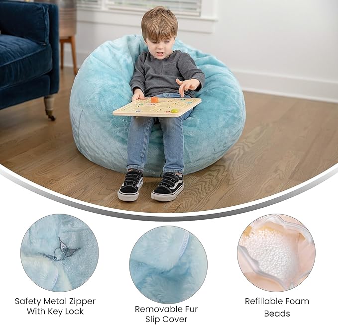 Flash Furniture Dillon Small Teal Furry Bean Bag Chair for Kids and Teens - LeafyLoom