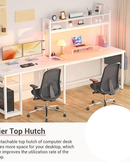 Aheaplus L Shaped Desk with Power Outlet & LED Strip, Reversible L-Shaped Corner Computer Desks Gaming Desk with Storage Shelf & Monitor Stand, Modern 2 Person Home Office Desk, Writing Desk, White - LeafyLoom