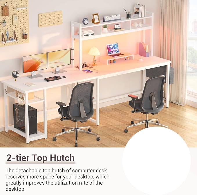 Aheaplus L Shaped Desk with Power Outlet & LED Strip, Reversible L-Shaped Corner Computer Desks Gaming Desk with Storage Shelf & Monitor Stand, Modern 2 Person Home Office Desk, Writing Desk, White - LeafyLoom