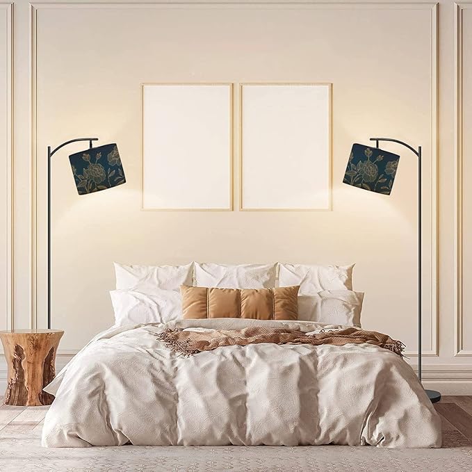 Modern Arc Floor Lamp with Dimmer Mid Century art deco luxury flower roses line golden Hand drawn for packaging Metal Standing Lamp with Linen Shade Footswitch for Living Room Bedroom Office - LeafyLoom