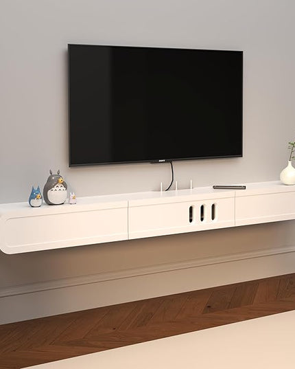 Floating TV Stand in Solid Wood, 71'' High Gloss Wall Mounted TV Cabinet, Floating TV Shelves with Door & Drawers, Modern Entertainment Media Console Center Large Storage Under TV - LeafyLoom