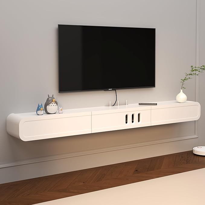 Floating TV Stand in Solid Wood, 71'' High Gloss Wall Mounted TV Cabinet, Floating TV Shelves with Door & Drawers, Modern Entertainment Media Console Center Large Storage Under TV - LeafyLoom