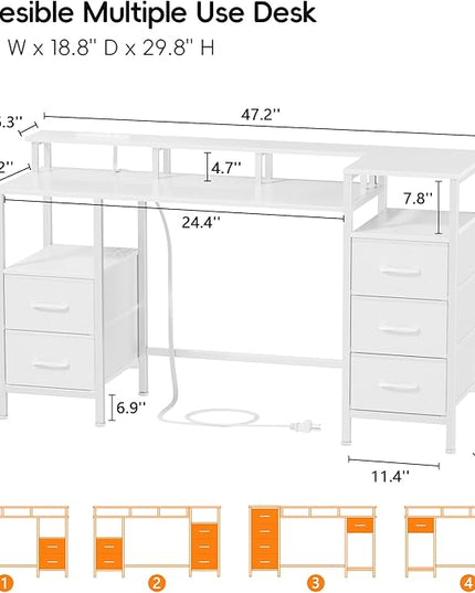 White Computer Desk with Power Outlets & LED Lights, Gaming Desk with 5 Fabric Storage Drawers, 47 Inch Home Office Desk with Monitor Stand Shelves for Working, Modern Vanity Desk for Bedroom - LeafyLoom