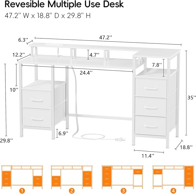 White Computer Desk with Power Outlets & LED Lights, Gaming Desk with 5 Fabric Storage Drawers, 47 Inch Home Office Desk with Monitor Stand Shelves for Working, Modern Vanity Desk for Bedroom - LeafyLoom