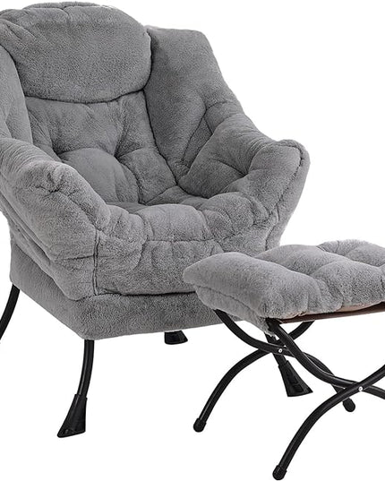 LITA Lazy Chair with Ottoman, Modern Accent Leisure Upholstered Sofa Chair, Contemporary Lounge Reading Chair with Armrests and a Side Pocket for Living Room, Bedroom & Small Space, Plush Grey - LeafyLoom