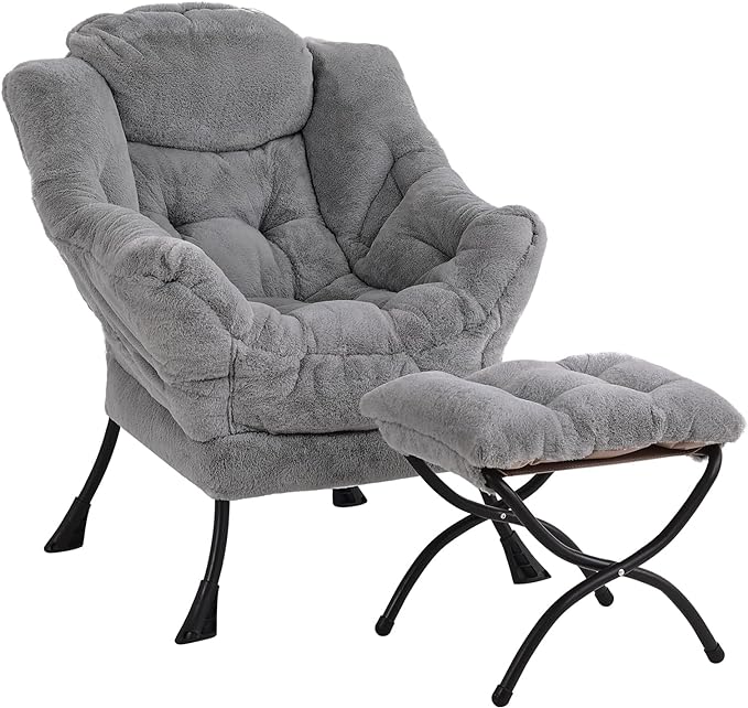 LITA Lazy Chair with Ottoman, Modern Accent Leisure Upholstered Sofa Chair, Contemporary Lounge Reading Chair with Armrests and a Side Pocket for Living Room, Bedroom & Small Space, Plush Grey - LeafyLoom