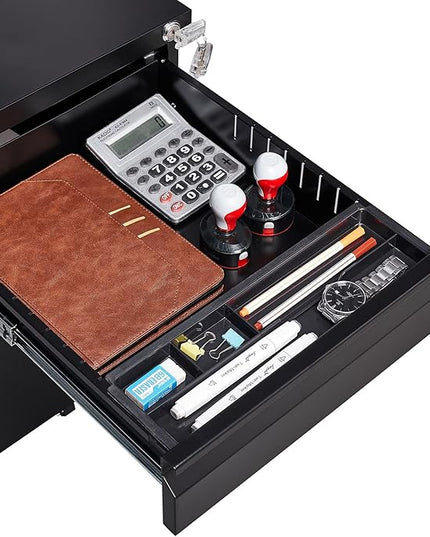 3-Drawer Mobile Lock and 5 Casters,Pre-Assembled Metal Office Storage Filing Cabinets w/ 1 Removable Hanging Rods,for Legal/Letter Size,Black - LeafyLoom