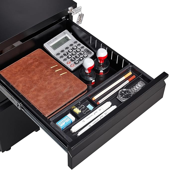 3-Drawer Mobile Lock and 5 Casters,Pre-Assembled Metal Office Storage Filing Cabinets w/ 1 Removable Hanging Rods,for Legal/Letter Size,Black - LeafyLoom