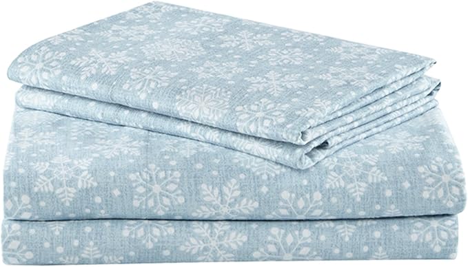 Comfort Spaces Cotton Flannel Breathable Warm Deep Pocket Sheets With Pillow Case Bedding, Twin, Snowflakes Blue, 3 Piece - LeafyLoom