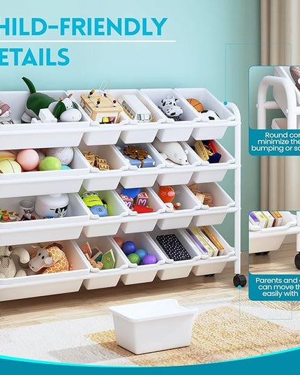 Kids Toy Storage Organizer with 20 Plastic Bins, 4-Tier Metal Toy Storage Rack, Extra Large Toy Organizer and Storage Bins for Kids Room, Playroom and Nursery, White - LeafyLoom