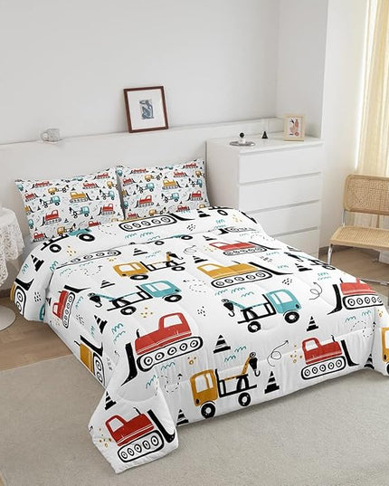 Boys Cartoon Car Comforter Set, Kids Construction Vehicles Comforter for Kids Children Cartoon Truck Bedding Set Cute Cars Teal Red Yellow Quilt Set Bedroom Collection 3Pcs King Size - LeafyLoom