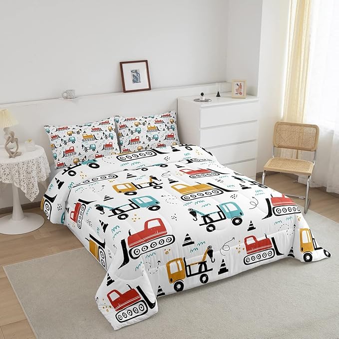 Boys Cartoon Car Comforter Set, Kids Construction Vehicles Comforter for Kids Children Cartoon Truck Bedding Set Cute Cars Teal Red Yellow Quilt Set Bedroom Collection 3Pcs King Size - LeafyLoom