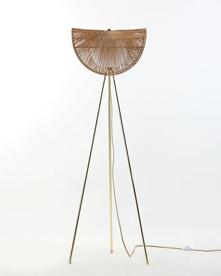 Sovev 62.87 in. Brass Bohemian Floor Lamp for Living Room with Opal Glass Rattan Shade - LeafyLoom