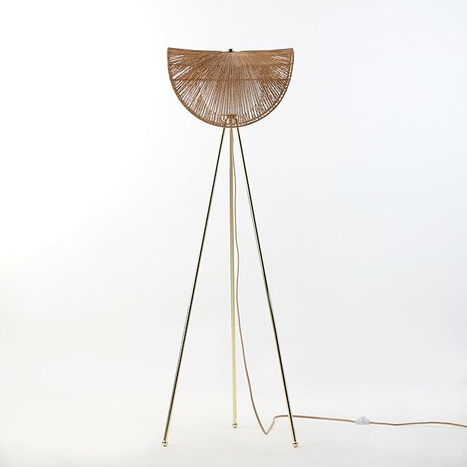 Sovev 62.87 in. Brass Bohemian Floor Lamp for Living Room with Opal Glass Rattan Shade - LeafyLoom