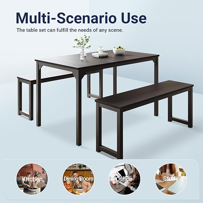 Allewie Modern 3-Piece Dining Table Set for 4, Sturdy Metal Frame Structure, Space-Saving for Kitchen/Dining Room/Living Room/Studio, Black/Black - LeafyLoom