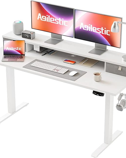 55 x 24 Inches Electric Standing Desk with 2 Storage Drawers, Stand Up Desk Adjustable Height, Sit and Stand Computer Table with Splice Board, White - LeafyLoom