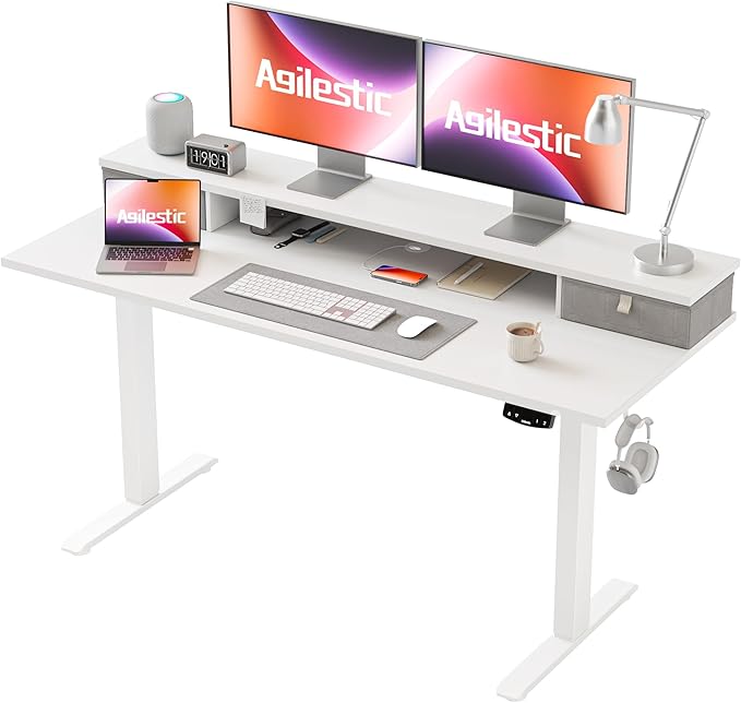 55 x 24 Inches Electric Standing Desk with 2 Storage Drawers, Stand Up Desk Adjustable Height, Sit and Stand Computer Table with Splice Board, White - LeafyLoom