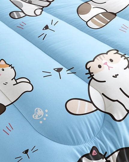 Datura home Blue Kawaii Cat Comforter Bedding Set for Girls Lovely Kitten Blue Print Cute Animal Pattern Bedding Set with 1 Comforter and 2 Pillowcases for Girls Bedroom All Season(Cat Blue Twin) - LeafyLoom
