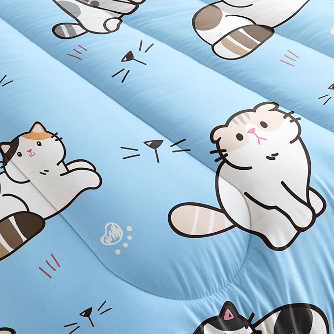 Datura home Blue Kawaii Cat Comforter Bedding Set for Girls Lovely Kitten Blue Print Cute Animal Pattern Bedding Set with 1 Comforter and 2 Pillowcases for Girls Bedroom All Season(Cat Blue Twin) - LeafyLoom