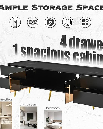 Merax Modern TV Stand for Televisions up to 80 Inches, Entertainment Center with Storage Drawers and Glass Door Cabinet, Marble-patterned Top Media Console Table & Metal Legs for Living Room, Black - LeafyLoom