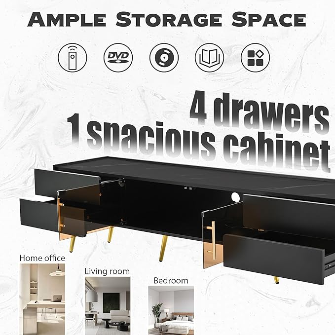 Merax Modern TV Stand for Televisions up to 80 Inches, Entertainment Center with Storage Drawers and Glass Door Cabinet, Marble-patterned Top Media Console Table & Metal Legs for Living Room, Black - LeafyLoom