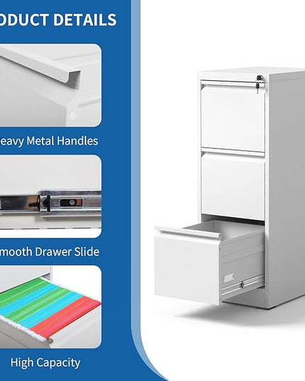 Vertical File Cabinet with Drawer, 3 Drawer File Cabinet with Lock, Filing Cabinets for Home Office, Hanging Files for A4/ Legal/Letter, White - LeafyLoom