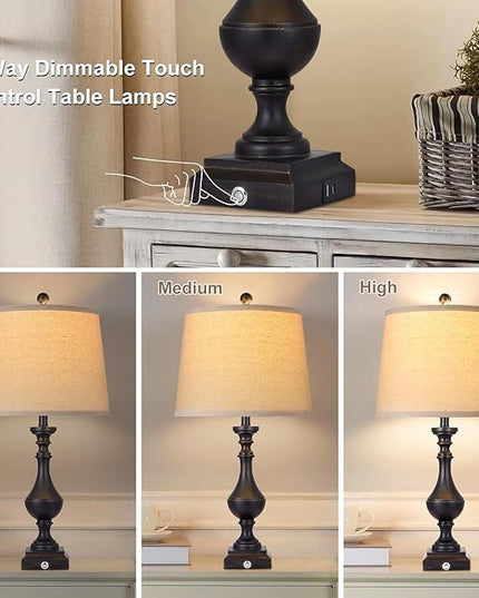 AKASUKI 27.5 Inch Black Farmhouse Table Lamps for Living Room Set of 2 with USB and Type-C Port, 3-Way Dimmable Table Lamps for Bedroom Vintage Rustic Bedside Lamps for bedrooms(2 Bulbs Included) - LeafyLoom