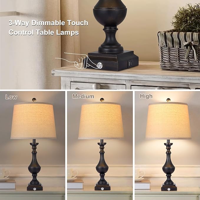 AKASUKI 27.5 Inch Black Farmhouse Table Lamps for Living Room Set of 2 with USB and Type-C Port, 3-Way Dimmable Table Lamps for Bedroom Vintage Rustic Bedside Lamps for bedrooms(2 Bulbs Included) - LeafyLoom