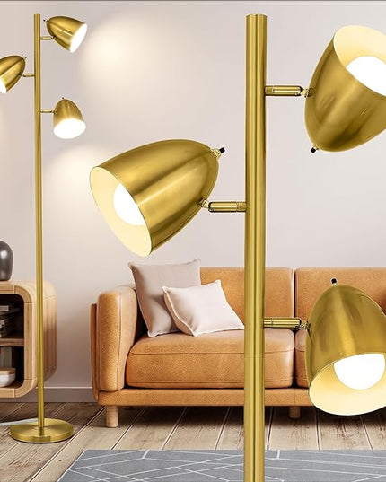 Tree Floor Lamp with 3 Light Bulbs Standing Tall Pole Lamps with Adjustable Metal Heads 65"Reading Stand up Lamps with E26 Base Modern Floor Lamps for Living Rooms, Bedrooms, Home, Office(Gold) - LeafyLoom