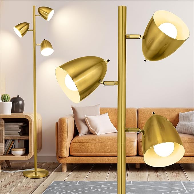 Tree Floor Lamp with 3 Light Bulbs Standing Tall Pole Lamps with Adjustable Metal Heads 65"Reading Stand up Lamps with E26 Base Modern Floor Lamps for Living Rooms, Bedrooms, Home, Office(Gold) - LeafyLoom