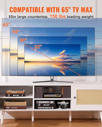 VEVOR Rattan TV Stand for 65 inch TV, Boho TV Stand with Rattan Door, Entertainment Center with Build-in Socket and USB Ports, Modern TV Console for Living Room, Media Room, White - LeafyLoom