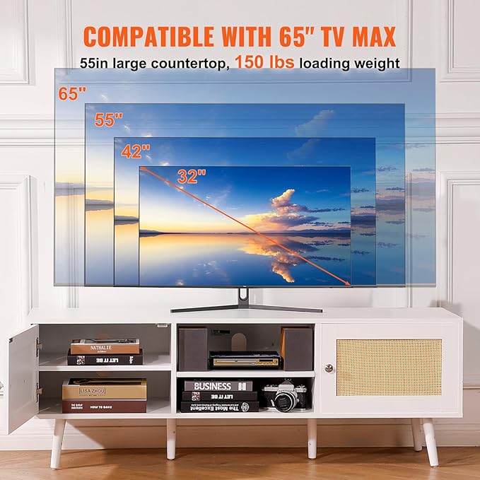 VEVOR Rattan TV Stand for 65 inch TV, Boho TV Stand with Rattan Door, Entertainment Center with Build-in Socket and USB Ports, Modern TV Console for Living Room, Media Room, White - LeafyLoom
