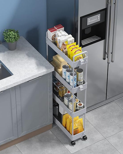 SOLEJAZZ Slim Storage Cart, 4 Tier Bathroom Organizer Mobile Shelving Unit, Rolling Utility Cart Slide Out Organizer for Kitchen, Bathroom, Laundry, Narrow Places, Gray - LeafyLoom