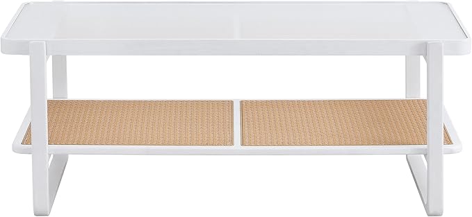 NicBex 45.28Inch Rectangular Dining Table,Modern Kitchen Table with Glass Tabletop and Imitation Rattan Edge Table for 2 to 4,Practical Coffee Table,Dining Room Table for Kitchen and Living Room,White - LeafyLoom
