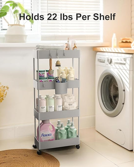 Pipishell Slim Storage Cart with Wheels, 4 Tier Bathroom Storage Organizer Rolling Utility Cart for Bathroom Kitchen Laundry Room Office Narrow Place (Gray) - LeafyLoom