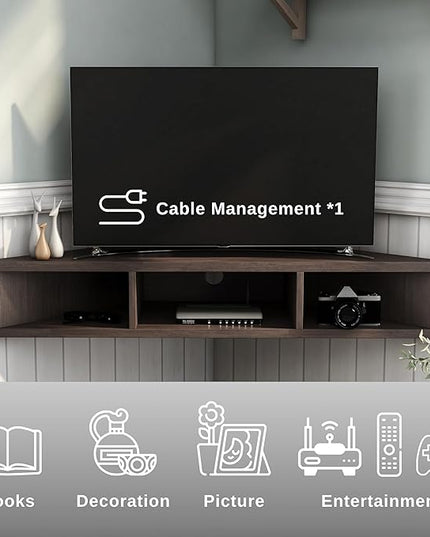 24/7 Shop at Home French 47 inch Modern TV Stand with Storage, Floating Corner Shelf for Wall, Wood Entertainment Center with Shelves for Living Room, Bedroom, Family, OneSize, Walnut Brown - LeafyLoom